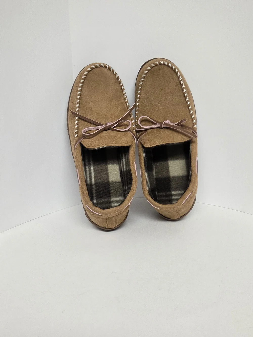 Men's Suede-Look Slip-On Moccasins in Tan with Plaid Lining. Size 10 #0252